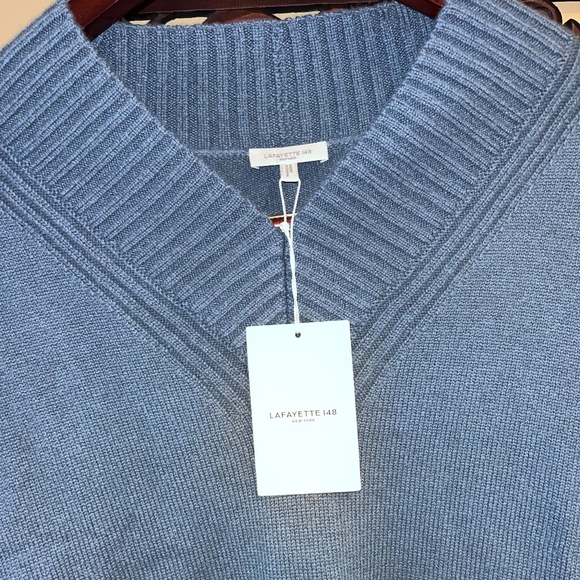 nwt Lafayette 148 CASHMERE RIBBED V-NECK SWEATER, SLATE BLUE - Picture 4 of 8